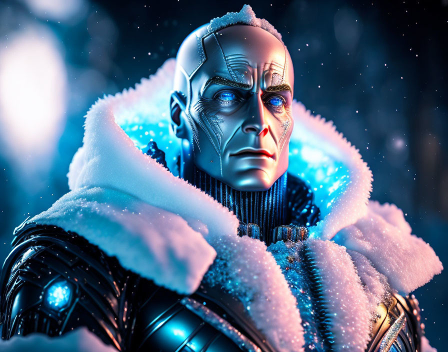 Cyborg figure with human-like features in snow against starry background