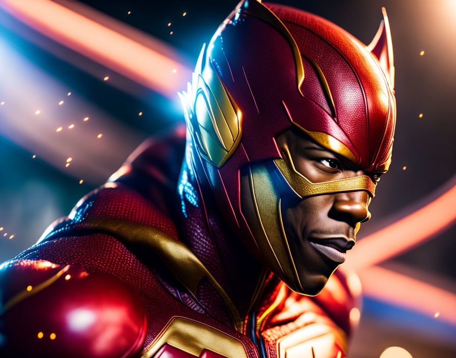 Vibrant red and gold superhero costume with sleek helmet in intense focus against dynamic background.