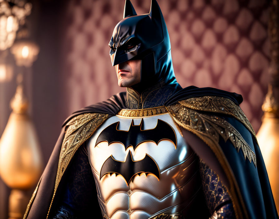 Elaborate Batman costume with golden bat emblem, cape, and cowl.