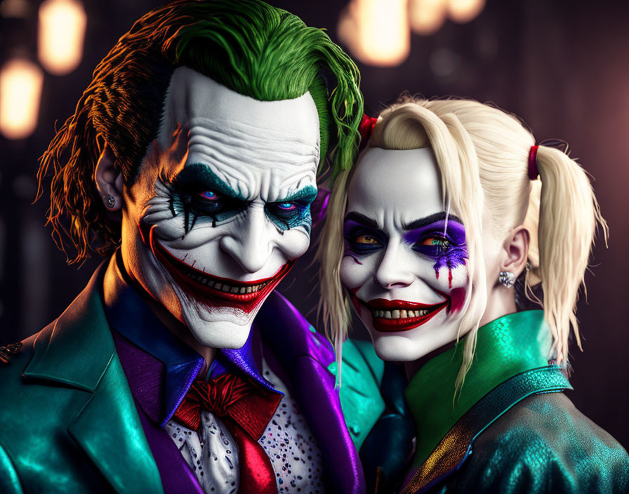 Pair in Joker and Harley Quinn makeup and costumes in dimly lit scene