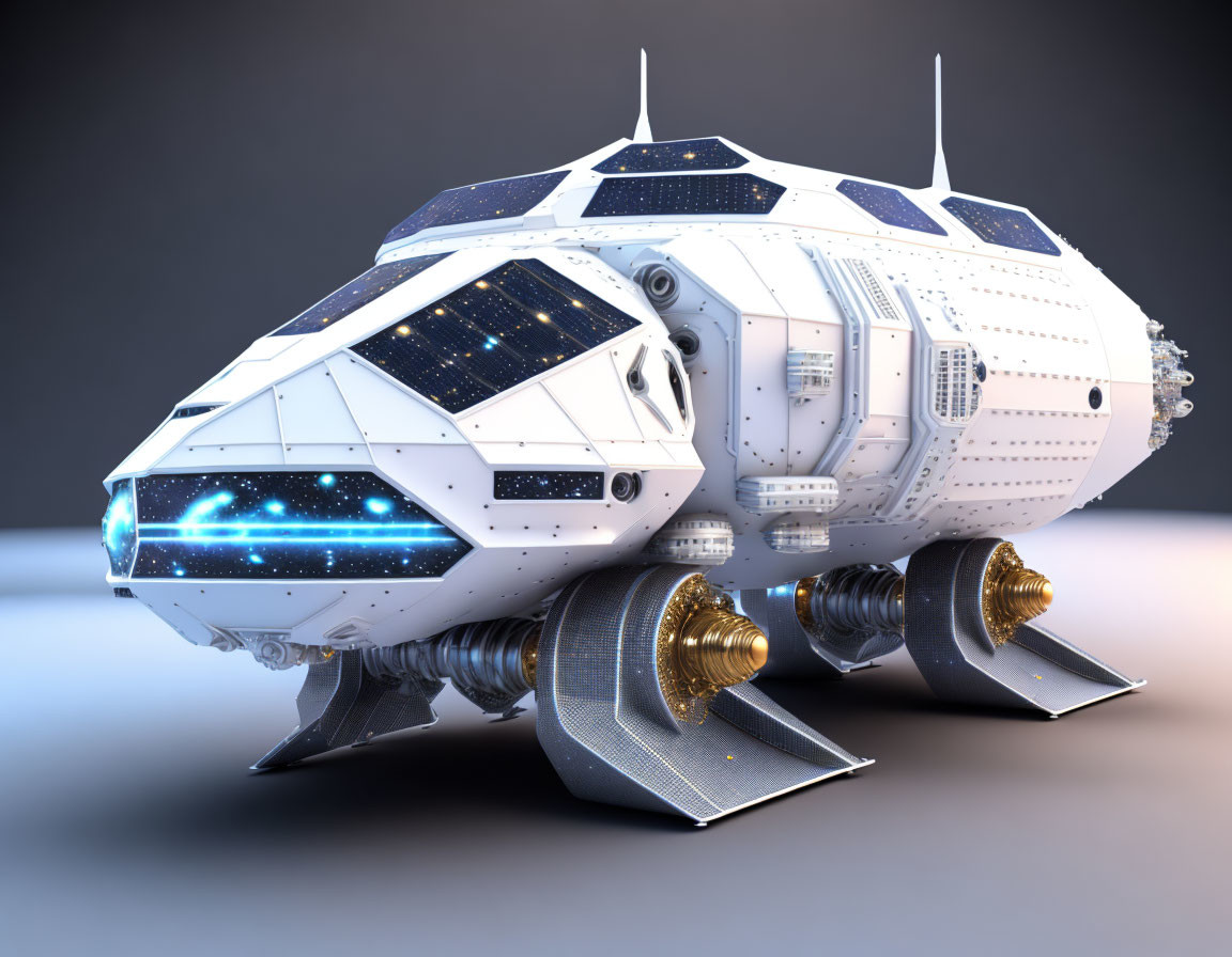 Futuristic spacecraft with solar panels and glowing blue windows