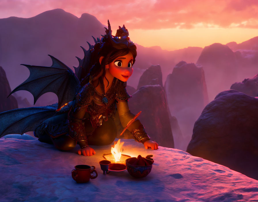 Dragon-human hybrid character by campfire at sunset with mountains