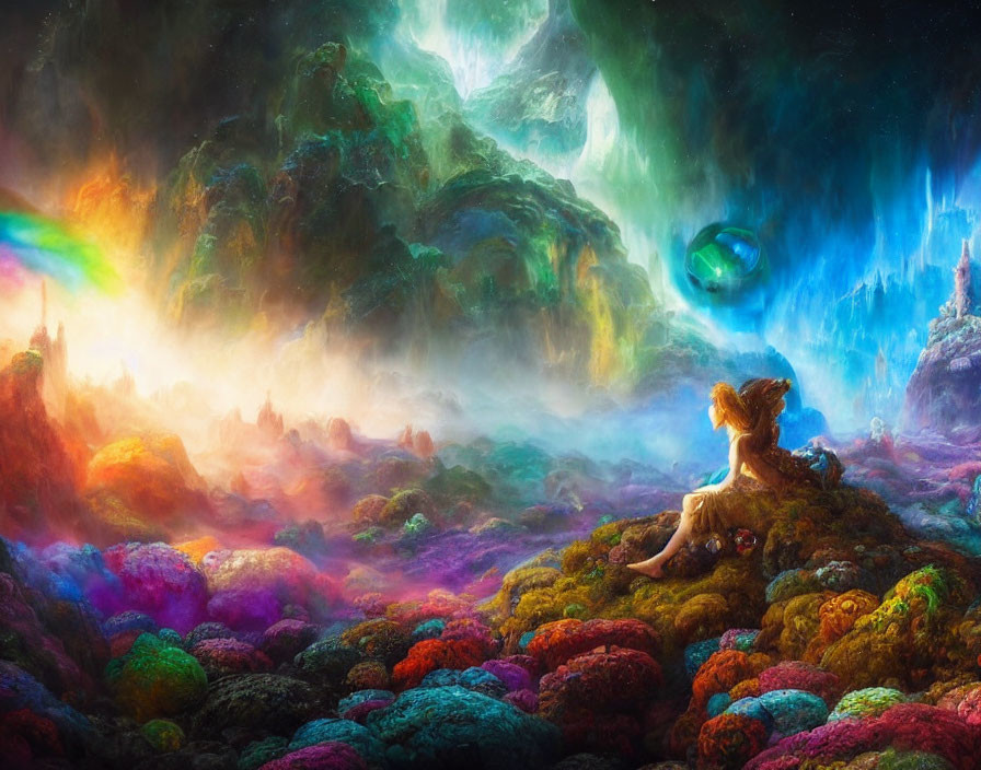 Person sitting on vibrant, colorful landscape under fantastical sky