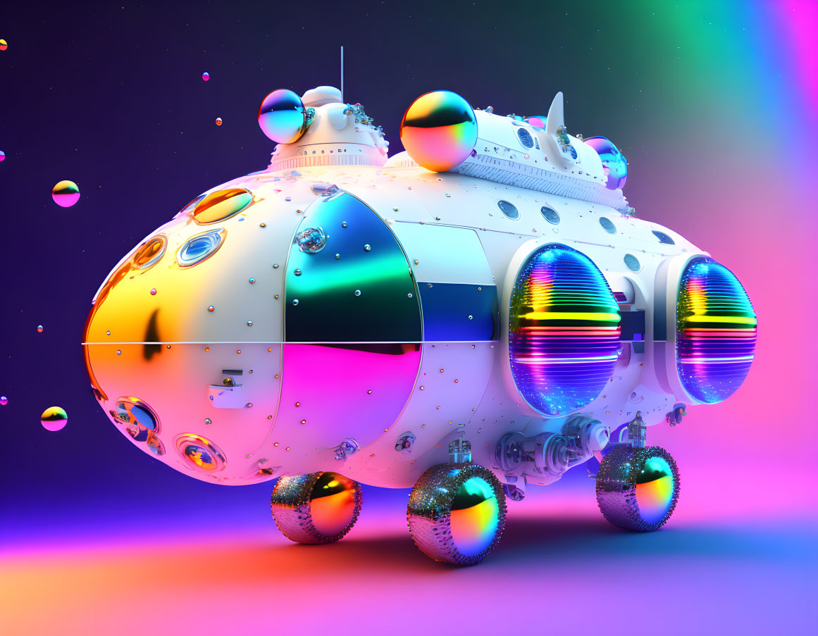 Colorful futuristic submarine in neon-lit underwater scene