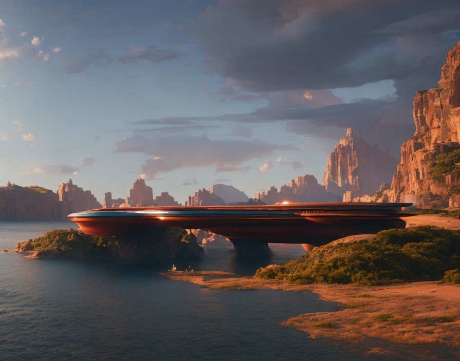 Futuristic bridge over coastal chasm at sunset