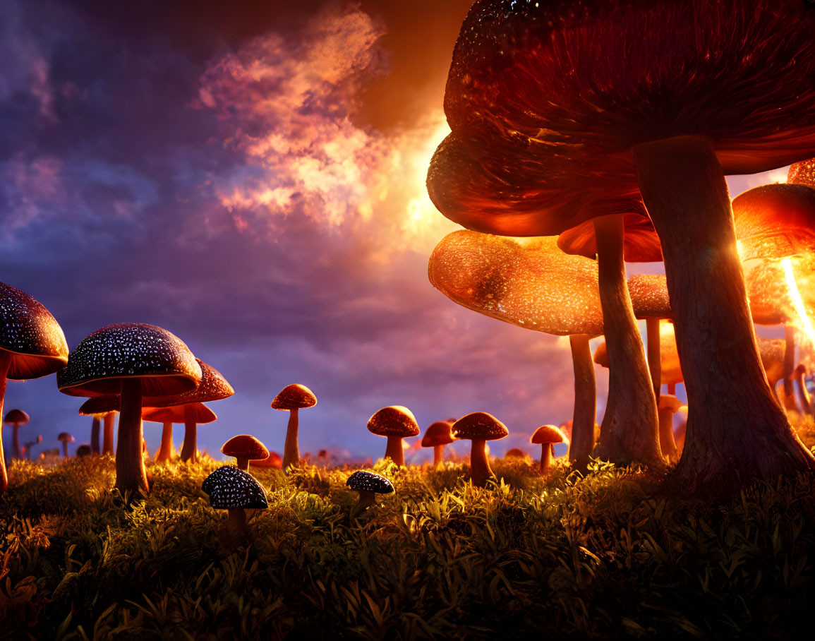 Glowing oversized mushrooms in twilight forest landscape