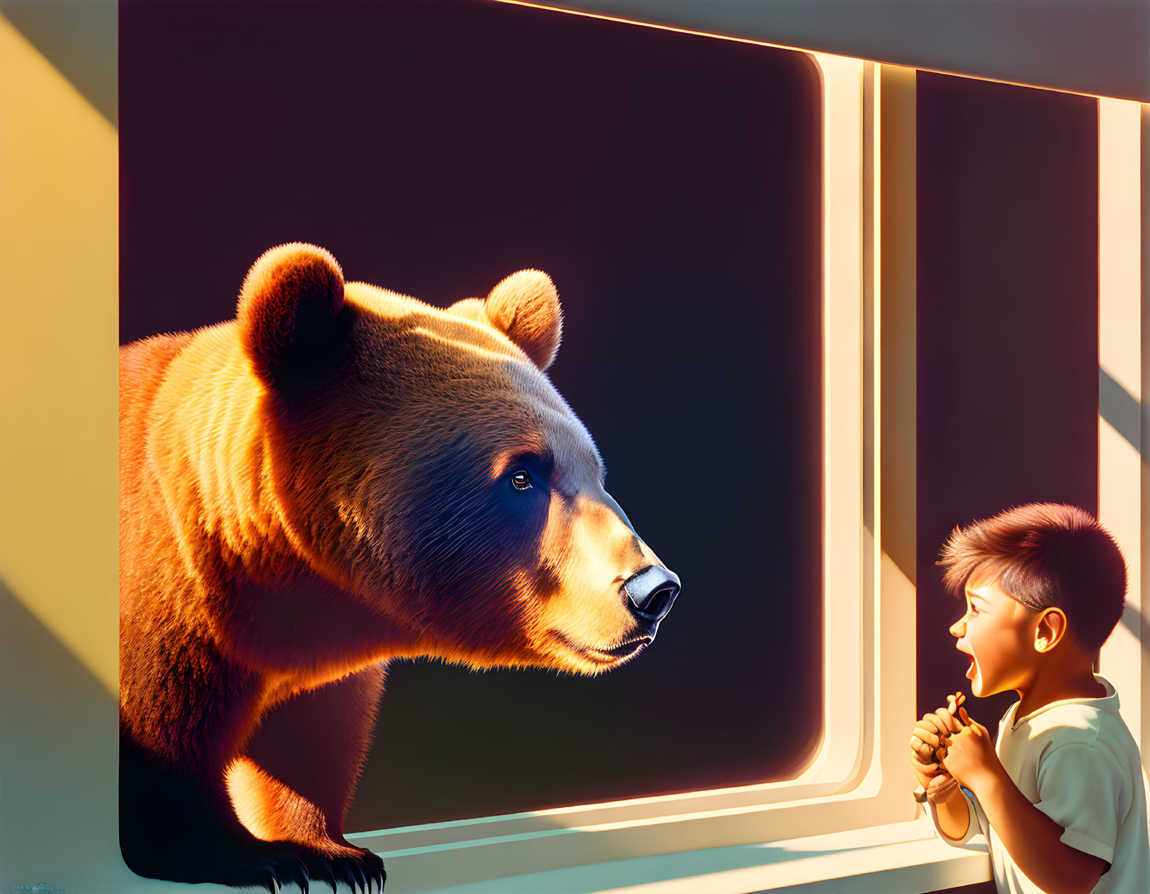 Digital artwork: curious boy in vehicle gazes at large bear in warm sunlight