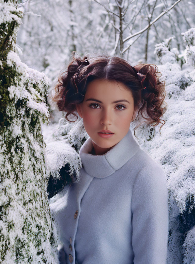 Woman with wavy brown hair in blue coat by snow-covered tree in wintry forest