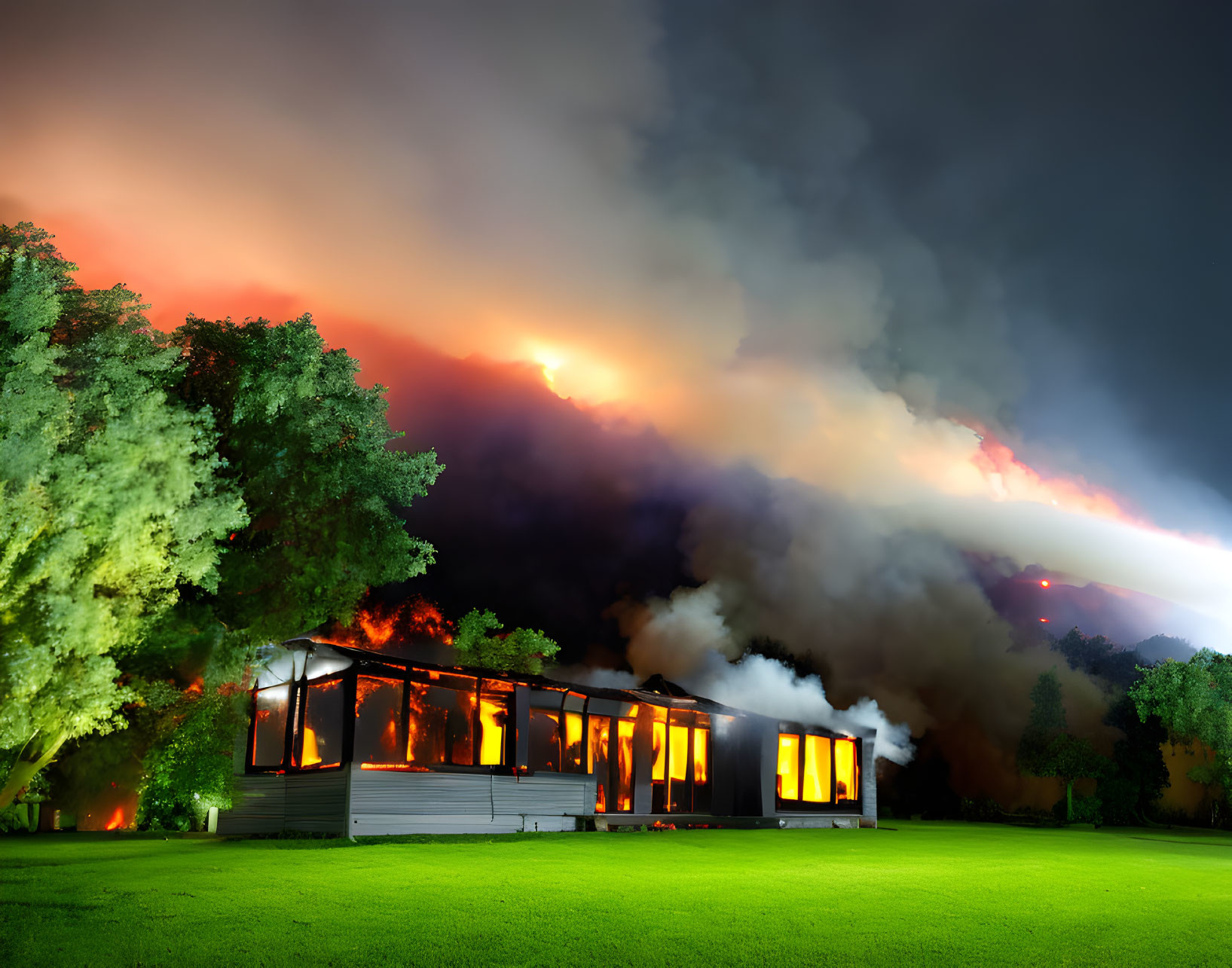 House with Illuminated Windows Surrounded by Trees in Smoky, Fiery Night Sky