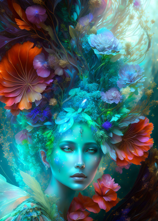 Surreal portrait of woman with vibrant floral hair and skin