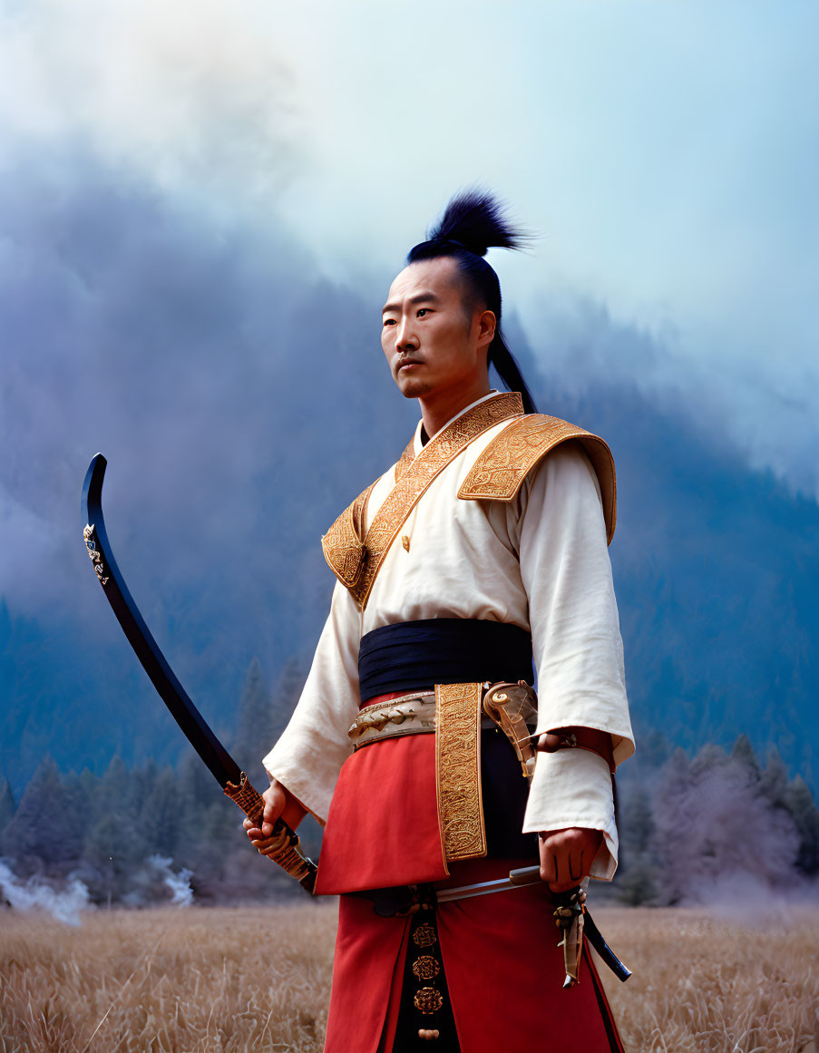 Traditional Armor Warrior with Sword in Misty Mountain Setting