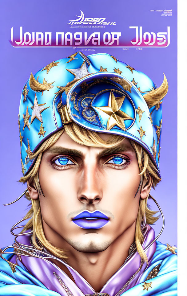 Stylized man with bright blue eyes in blue and gold headscarf and crescent moon scarf