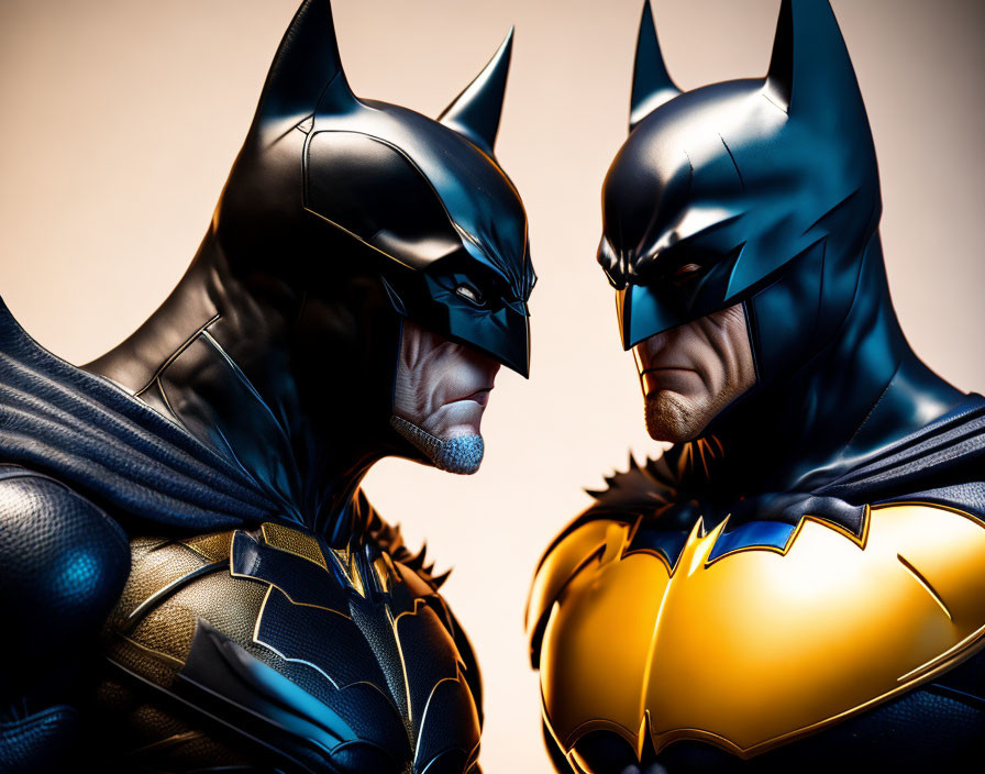 Iconic Black and Gold Batman Figures Face Off on Amber Background