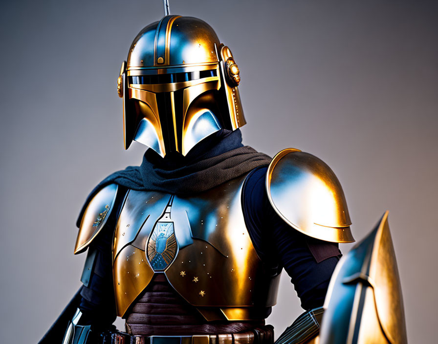 Futuristic armored character with reflective golden helmet and chest plate