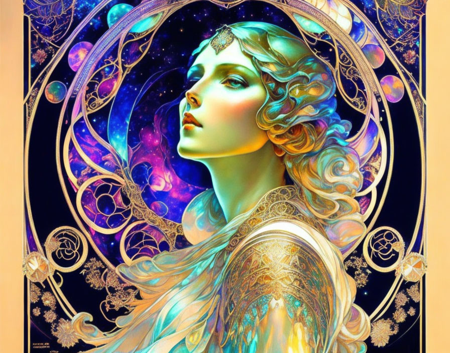 Colorful Art Nouveau portrait with celestial motifs and cosmic background