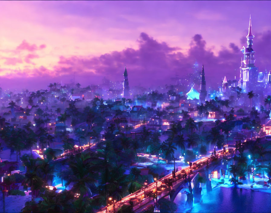 Twilight fantasy cityscape with illuminated buildings and castle spire