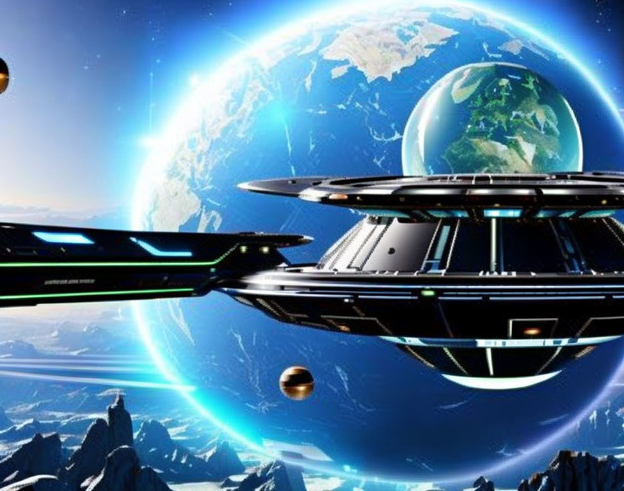 Futuristic space station overlooking Earth continents and distant planet