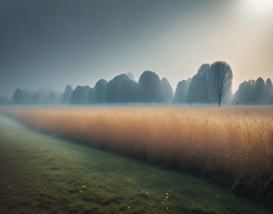 Divided misty landscape: green field vs. amber meadow under hazy sky