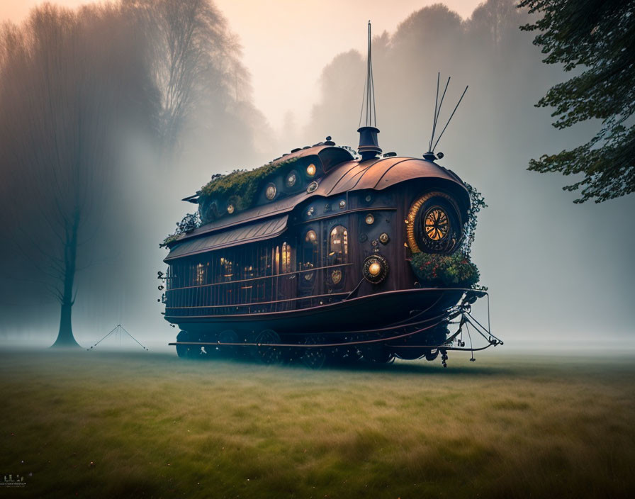 Vintage-style caravan with clock and greenery in foggy landscape