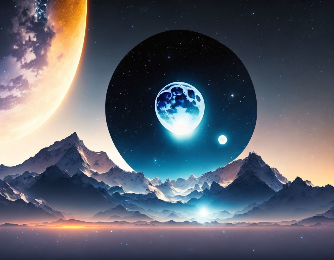 Surreal landscape with starry sky, moon, planet, and snowy mountains