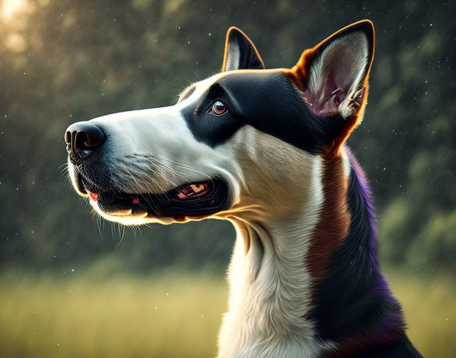 Multi-colored dog with pointed ears and black mask marking in close-up portrait with sunlight and bokeh effect