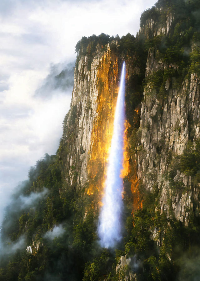 Majestic waterfall on sheer cliff with golden sunlight and mist