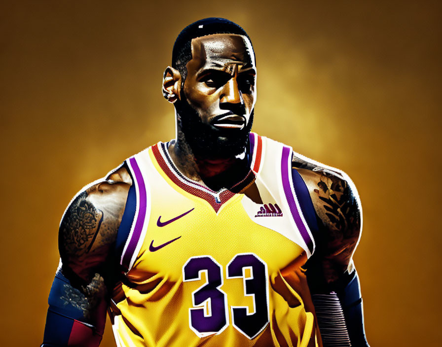 Stylized basketball player in yellow and purple jersey number 33 on golden background