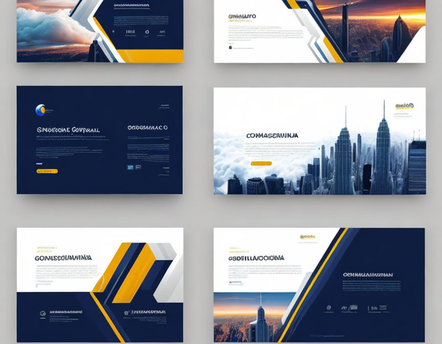 Corporate Brochure Designs: Blue & Yellow Color Scheme, Geometric Shapes, Cityscape Photos