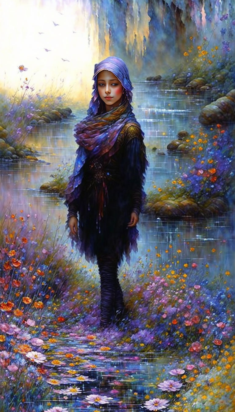 Woman in Vibrant Blue Scarf in Mystical Floral Landscape