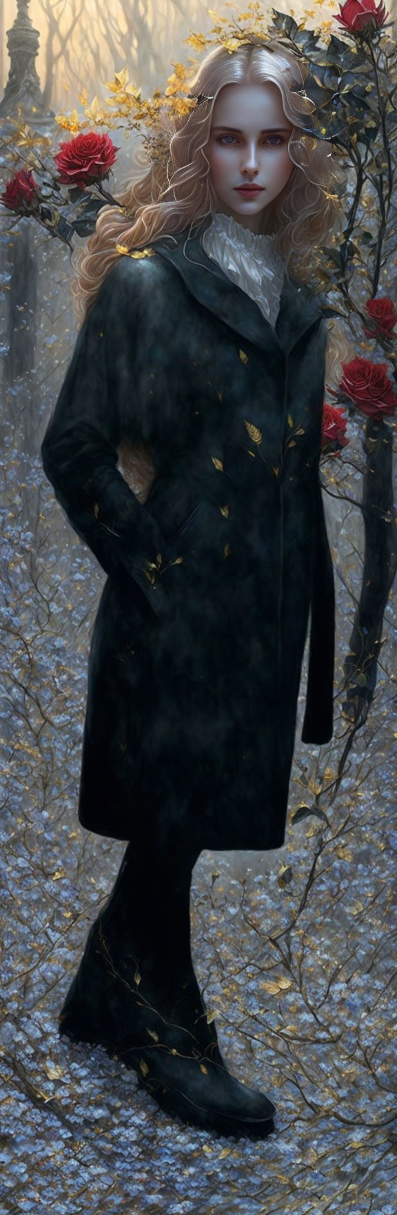 Blonde Woman in Black Coat Surrounded by Red Flowers