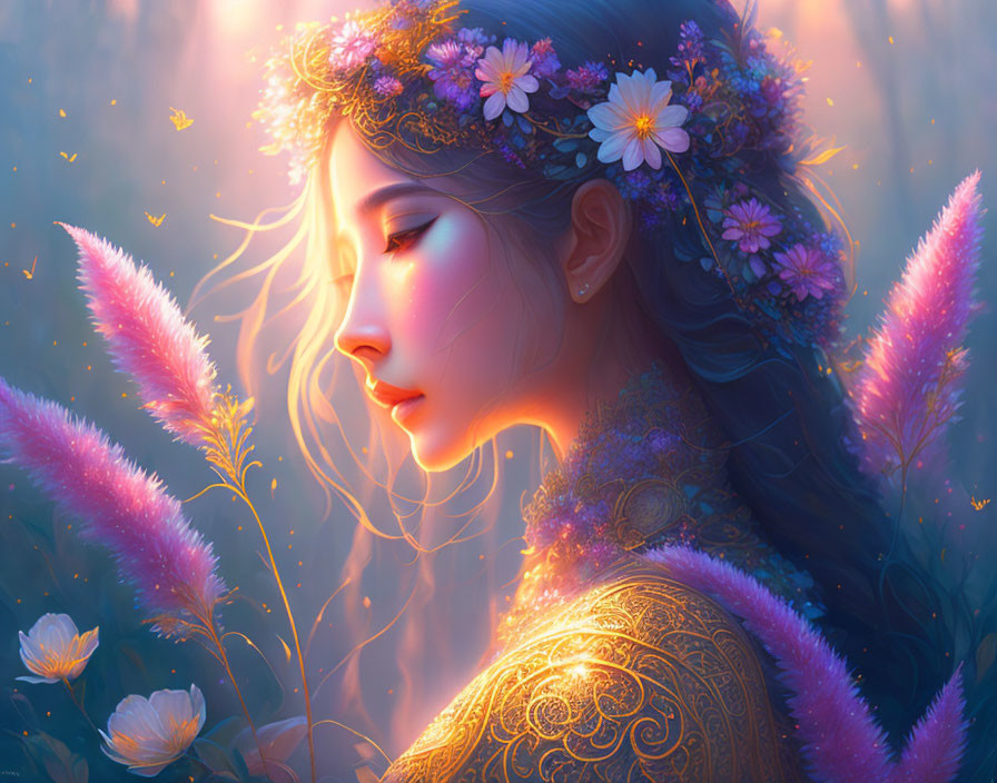 Serene woman with floral crown in glowing light and pink flowers