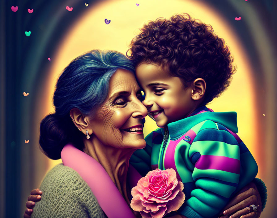 Happy elderly woman hugging curly-haired child in vibrant setting.