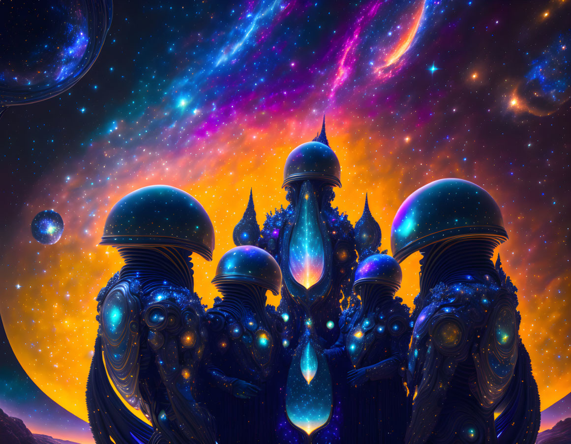 Vibrant digital art: otherworldly cosmic scene with alien structures under starry sky