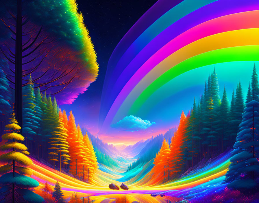 Colorful forest scene with rainbow under starlit sky