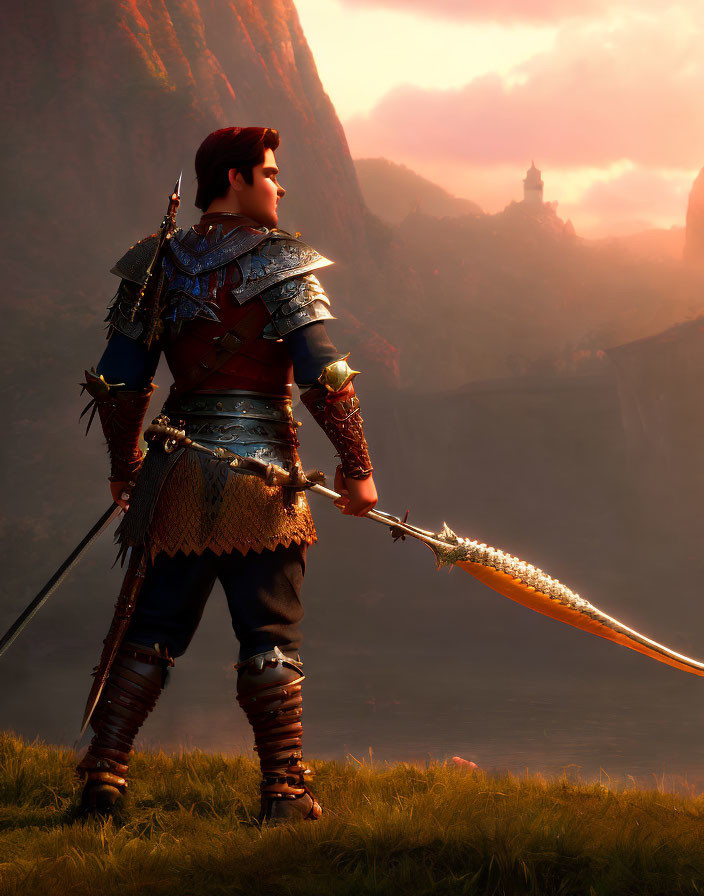 Knight in detailed armor with glowing sword in dramatic sunset landscape