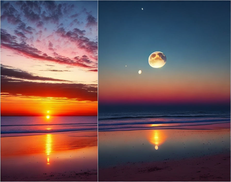 Split-view image of vibrant beach scene: sunset on left, night sky with moon on right