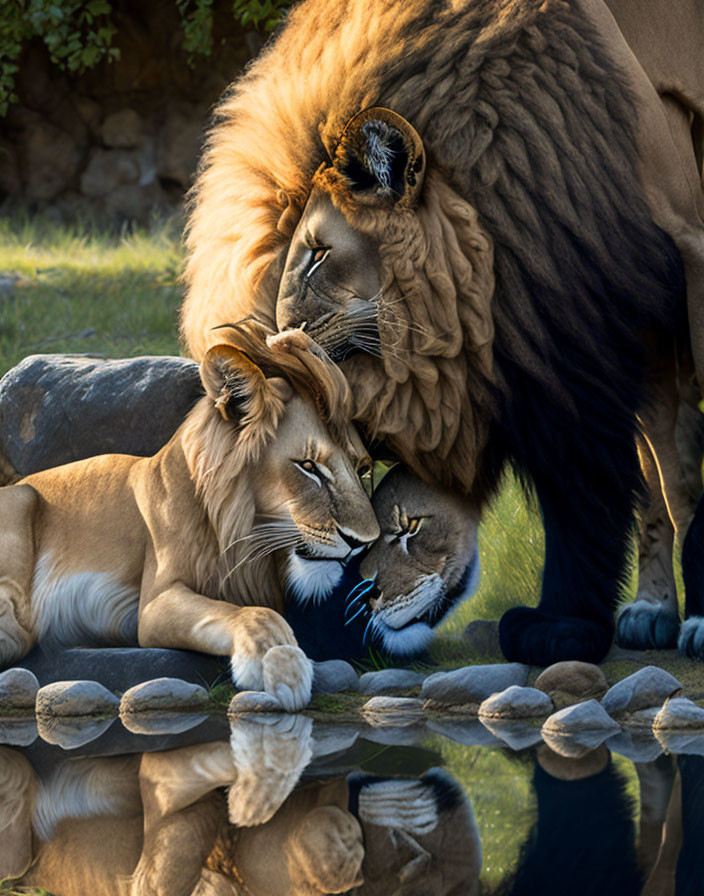 Male and female lions showing affection by water in warm sunlight