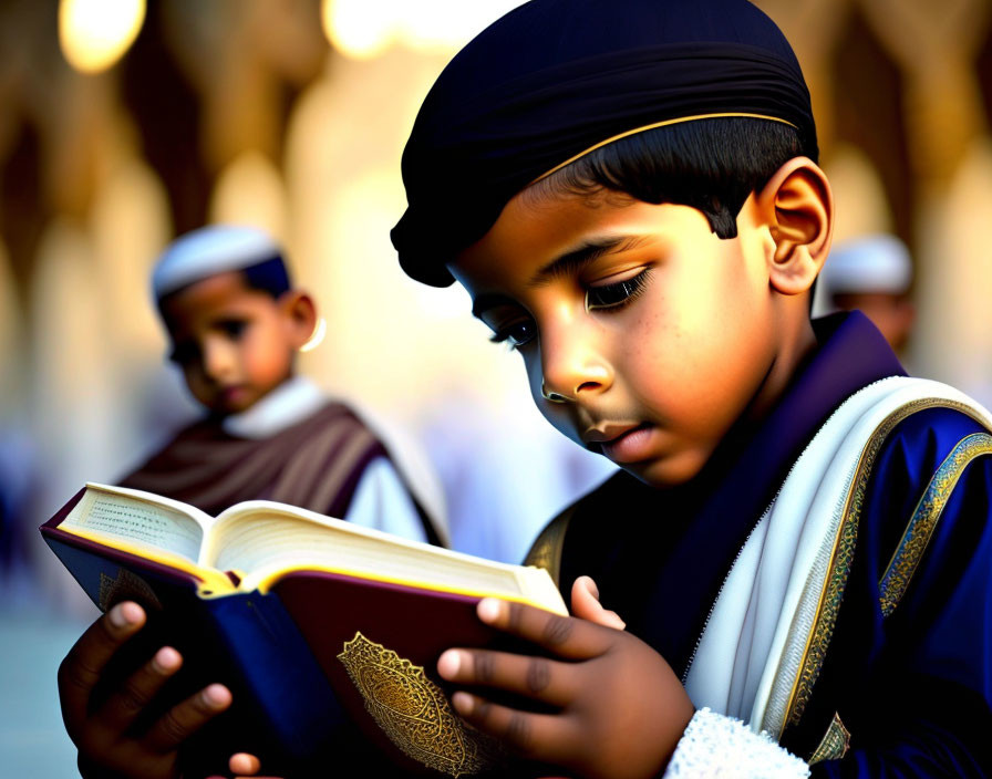 Traditional Attire: Young Boy Reading Book with Soft Lighting and Second Child in Background