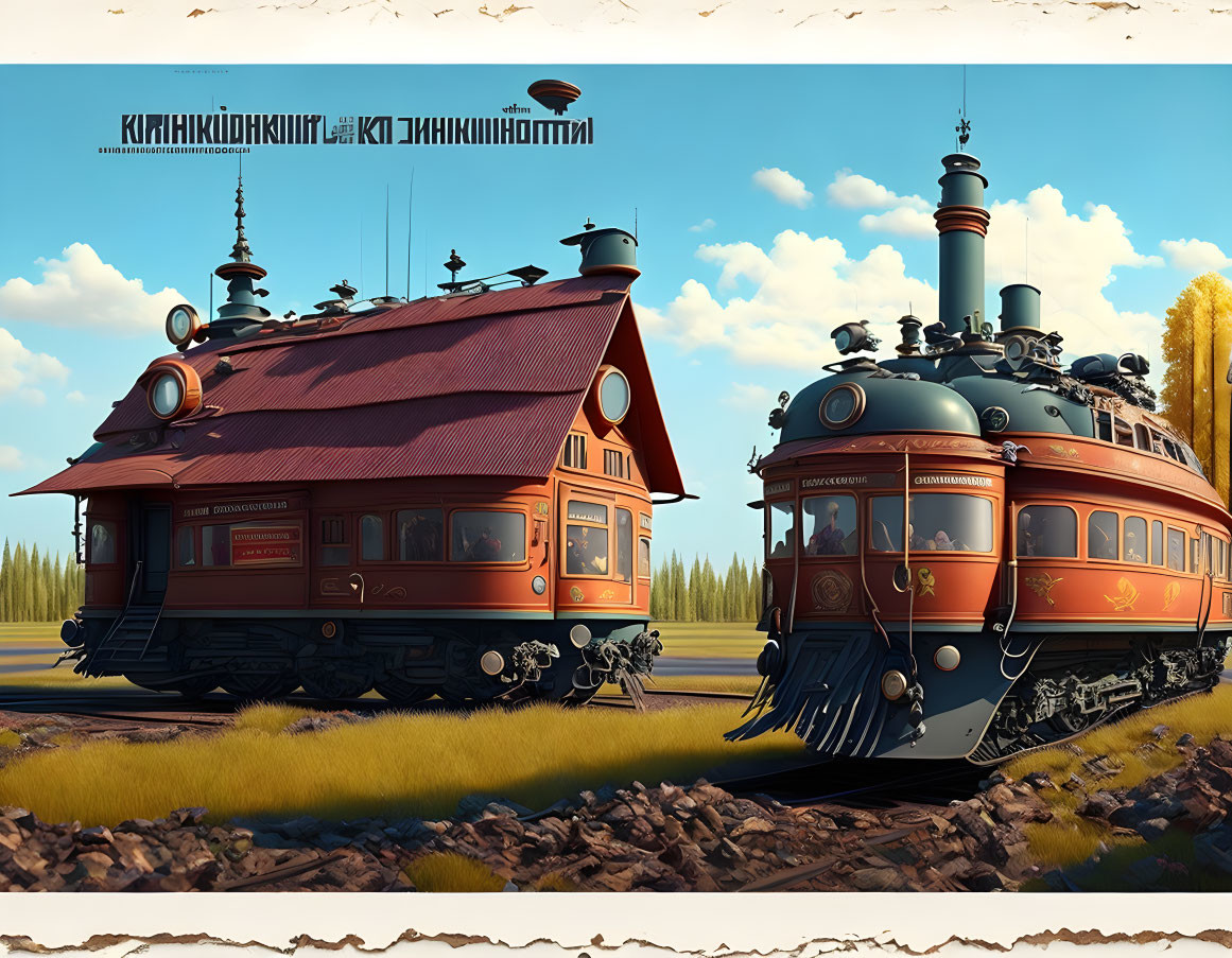 Whimsical steampunk-style train in rural landscape