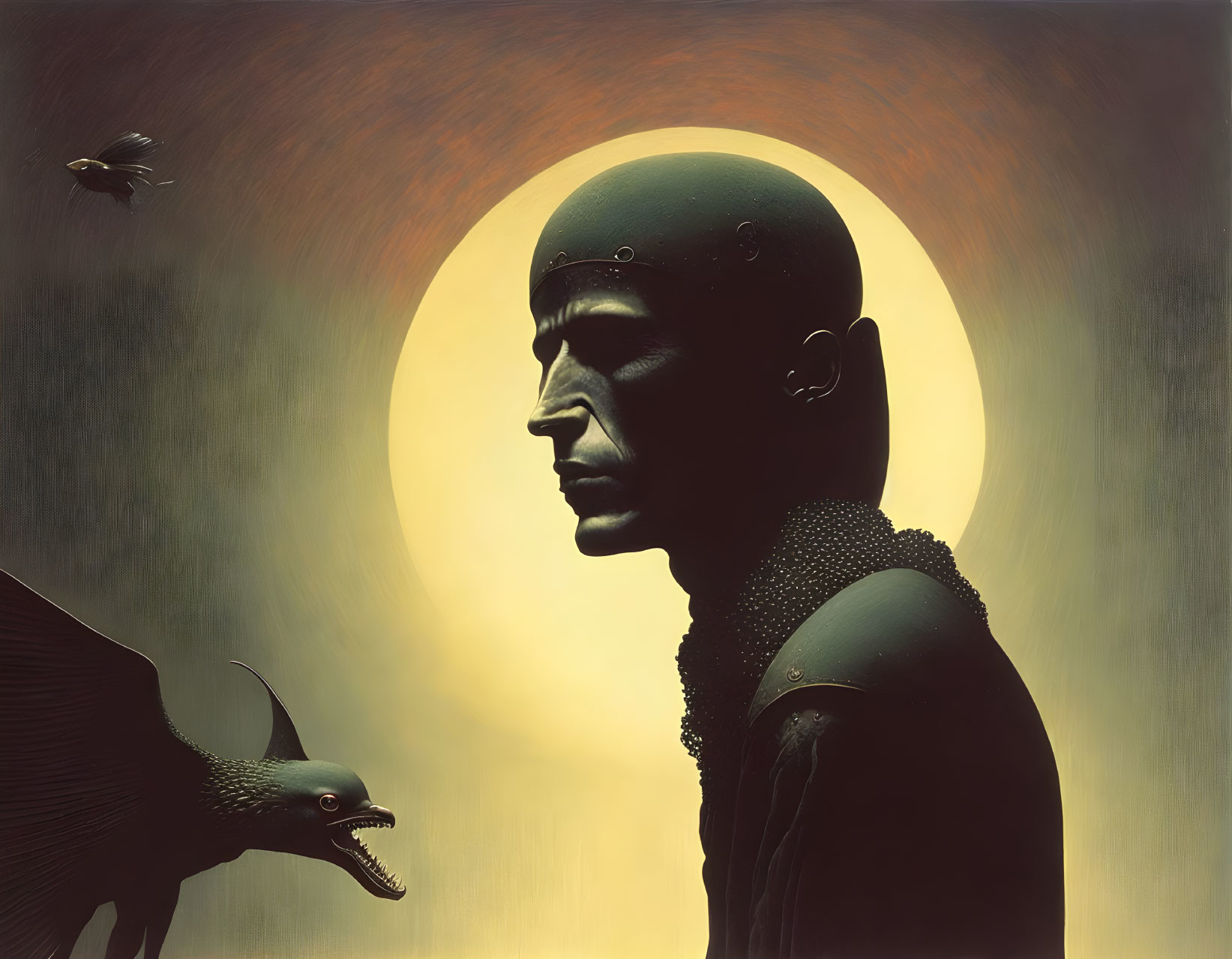 Surreal painting: Bald humanoid, split head, dragon, bird on ombré background