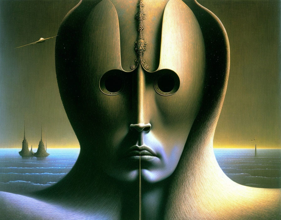 Surreal art: merged face in profile and frontal view with seascape, sailing ships, and