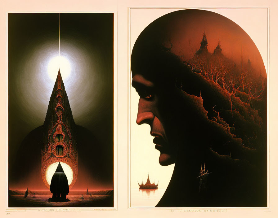 Split Artwork: Left Side Ornate Structure with Moon, Right Side Profile Silhouette Face with Ships