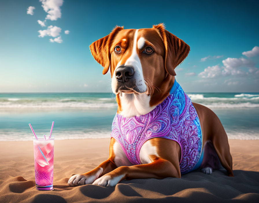 Dog with Violet Bandana Relaxing on Beach with Pink Drink