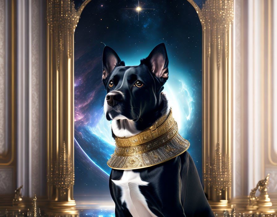 Regal dog in golden collar in luxurious room with cosmic starry sky