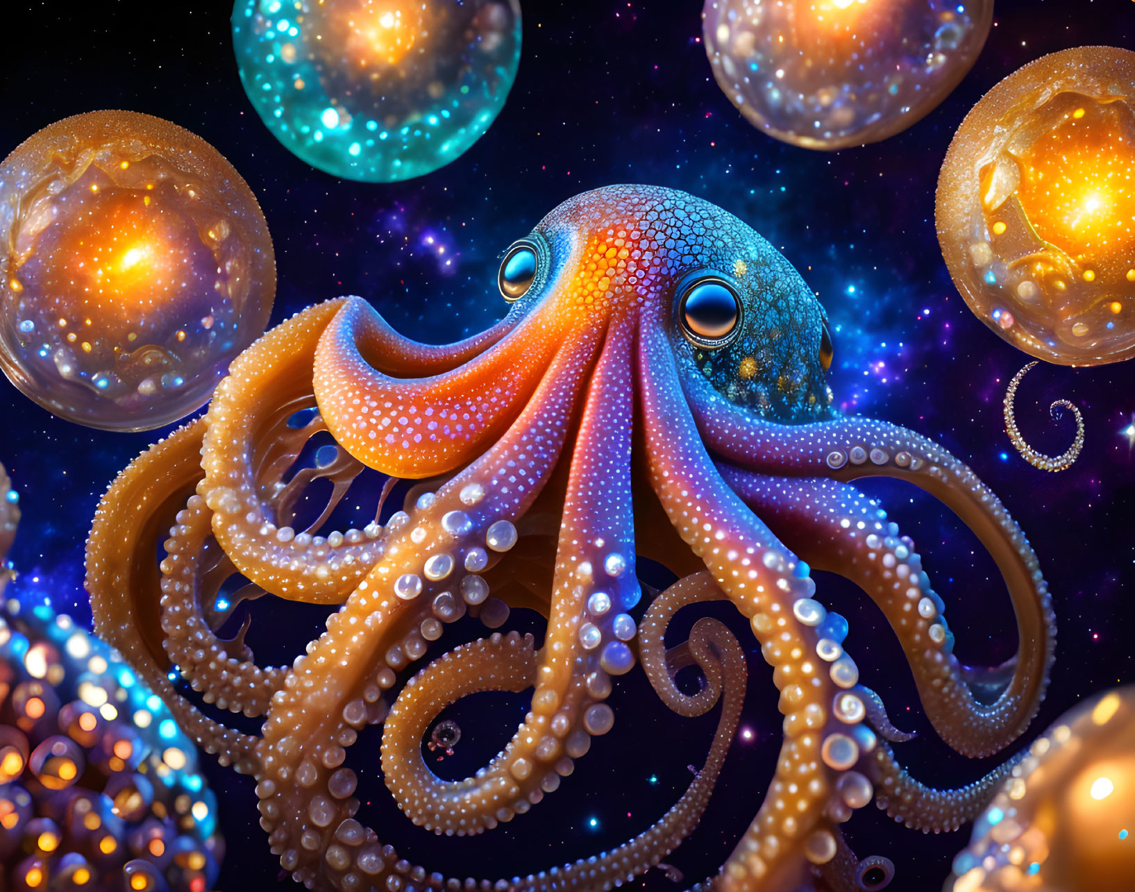 Colorful Octopus with Glowing Tentacles in Cosmic Space