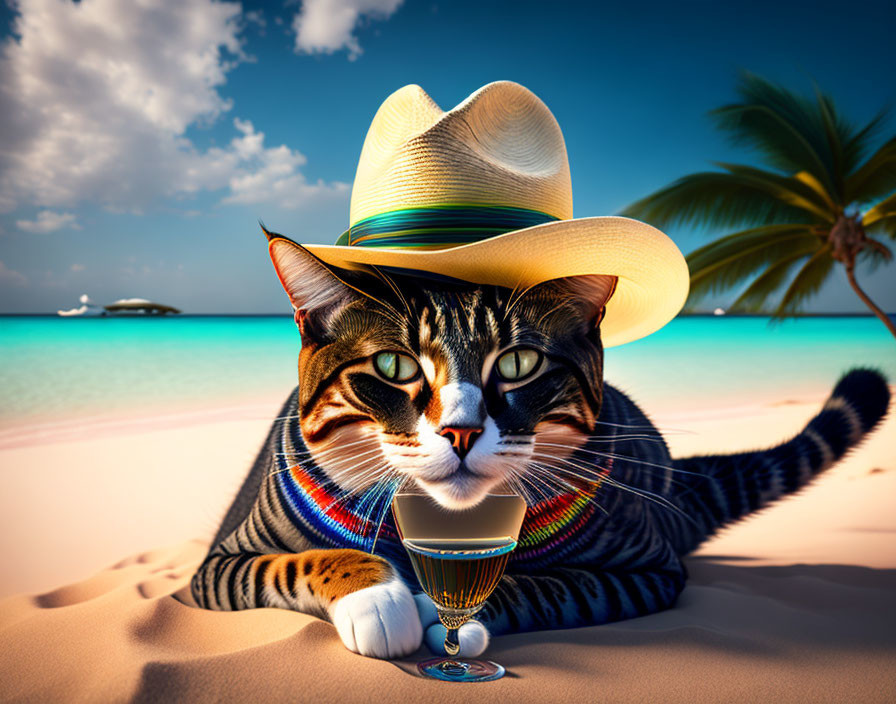 Tabby Cat in Straw Hat Relaxing on Beach with Martini Glass