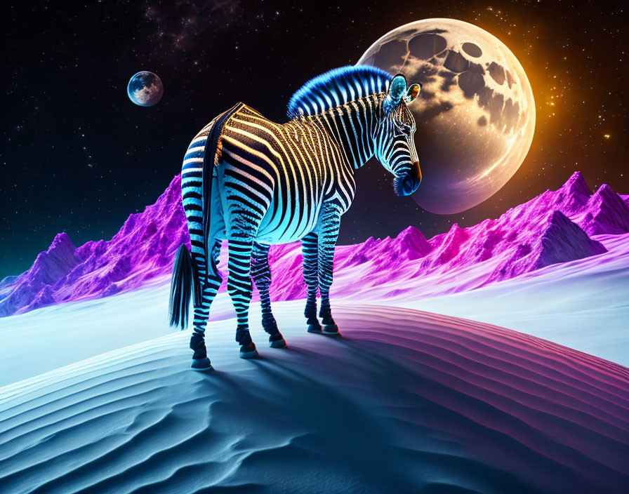 Glowing zebra in surreal night landscape with moon and planets