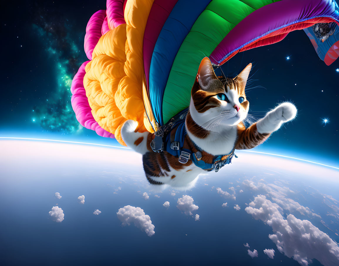 Cat in harness and parachute free-falling in space.