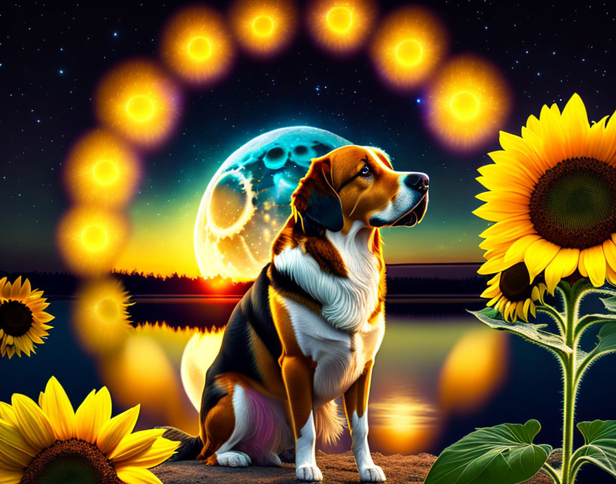 Dog sitting by sunflowers under night sky with glowing moon and sparkling rings above calm lake