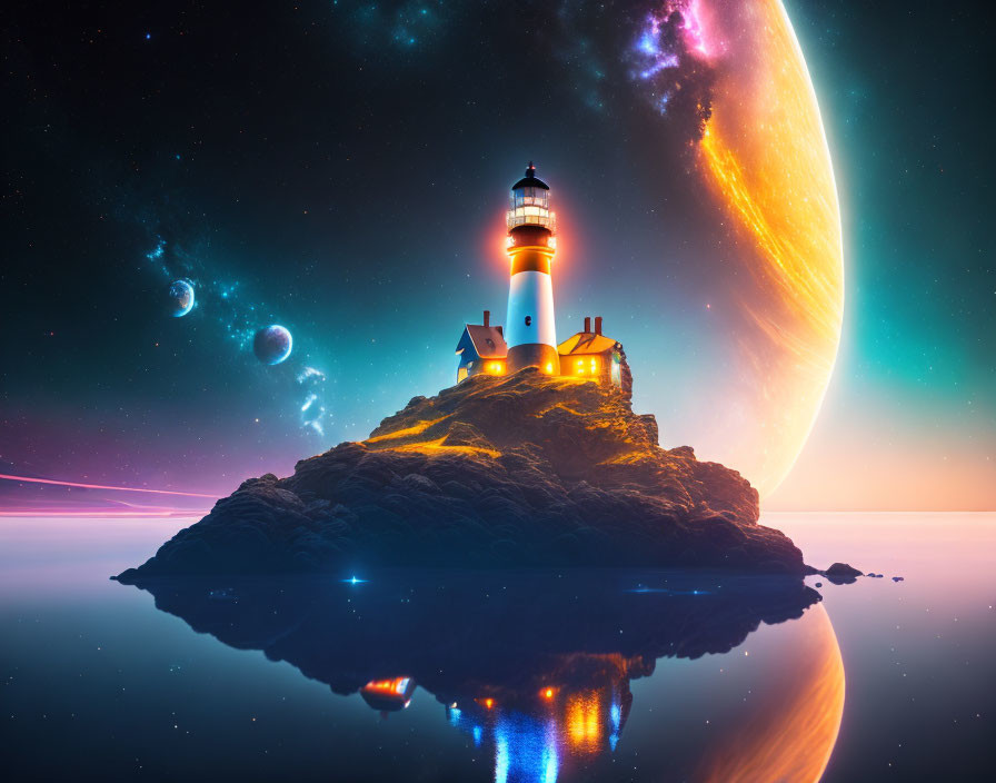 Lighthouse on rocky island with planet, moons, and starry sky reflected in water